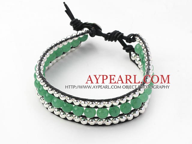 Πράσινο Σειρά Round Aventurine και Agate Silver Beads υφαντά βραχιόλι με μαύρο δερμάτινο κορδόνι