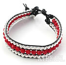 Série Rouge cristal et perles en argent bracelet tissé avec corde en cuir noir