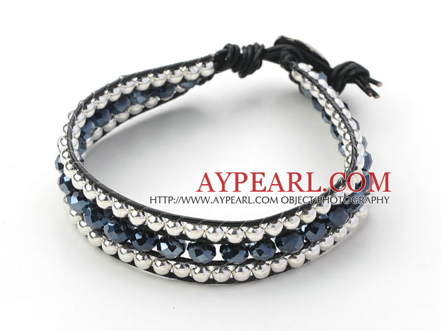 Black Series Black Crystal and Silver Beads Woven Bracelet with Black Leather Cord