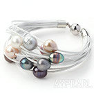 Multi Strands 11-12mm Multi Color Freshwater Pearl White Leather Bracelet with Magnetic Clasp