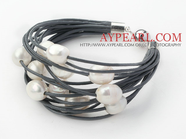 Multi Strands 11-12mm Natural White Freshwater Pearl Gray Leather Bracelet with Magnetic Clasp