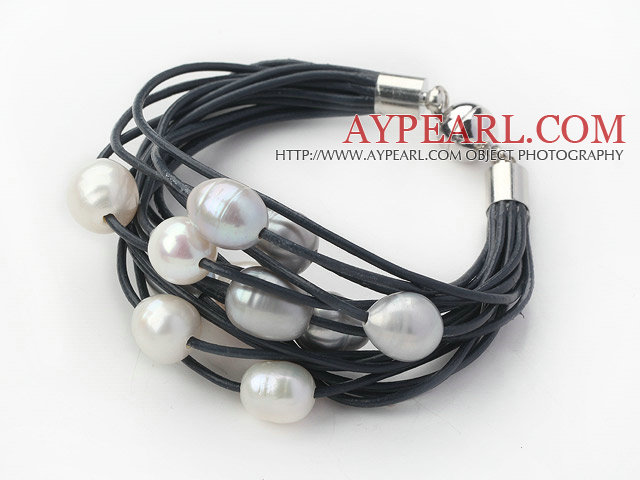 Multi Strands 11-12mm Natural White and Gray Freshwater Pearl Black Leather Bracelet with Magnetic Clasp