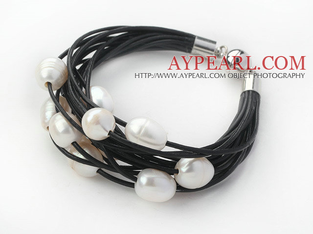 Multi Strands 11-12mm Natural White Freshwater Pearl Black Leather Bracelet with Magnetic Clasp