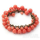 Orange Pink Color Round Candy Jade Bracelet with Brozne Chain