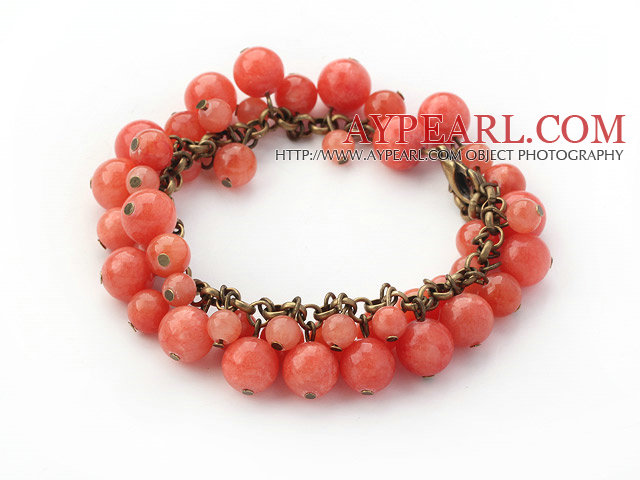 Orange Pink Color Round Candy Jade Bracelet with Brozne Chain