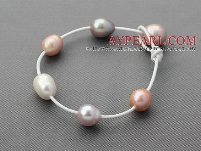 Classic Design 11-12mm Multi Color Freshwater Pearl White Leather Bracelet with Pearl Clasp