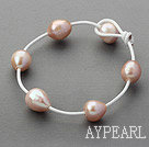 Classic Design 11-12mm Natural Pink Freshwater Pearl White Leather Bracelet with Pearl Clasp