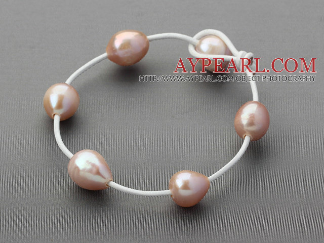 Classic Design 11-12mm Natural Pink Freshwater Pearl White Leather Bracelet with Pearl Clasp