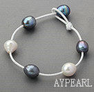 Classic Design 11-12mm Natural Black and White Freshwater Pearl White Leather Bracelet with Pearl Clasp