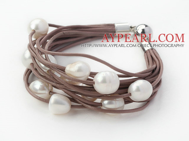 Multi Strands 11-12mm Natural White Freshwater Pearl Brown Leather Bracelet with Magnetic Clasp