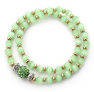 Double Rows Apple Green Cats Eye and Golden Color Beads Stretch Bangle Bracelet with Green Rhinestone Ball