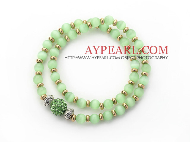 Double Rows Apple Green Cats Eye and Golden Color Beads Stretch Bangle Bracelet with Green Rhinestone Ball