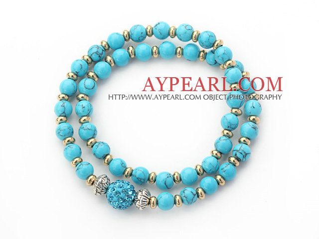 Double Rows Blue Turquoise and Golden Color Beads Stretch Bangle Bracelet with Blue Rhinestone Ball