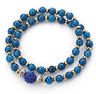 Double Rows Dark Blue Agate and Golden Color Beads Stretch Bangle Bracelet with Dark Blue Rhinestone Ball