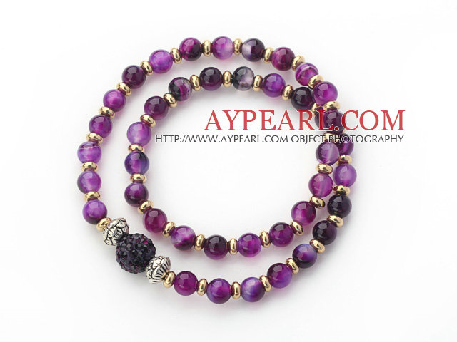 Double Rows Purple Agate and Golden Color Beads Stretch Bangle Bracelet with Dark Purple Rhinestone Ball