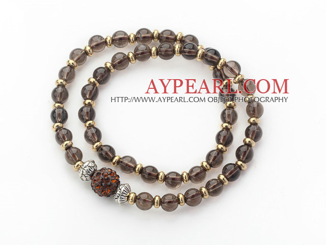 Double Rows Natural Smoky Quartz and Golden Color Beads Stretch Bangle Bracelet with Brown Rhinestone Ball