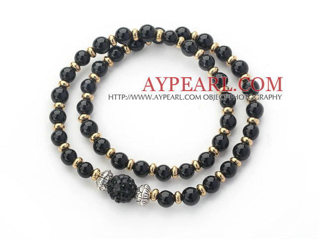 Doubles rangées agate noire et couleur d'or perles Bracelet extensible de bracelet avec strass boule noire