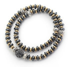 Dubbla rader svart hematit och Golden Pärlor Färg Stretch ARMRING armband med Svart Grå STRASS Ball