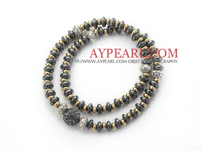Double Rows Black Hematite and Golden Color Beads Stretch Bangle Bracelet with Black Gray Rhinestone Ball