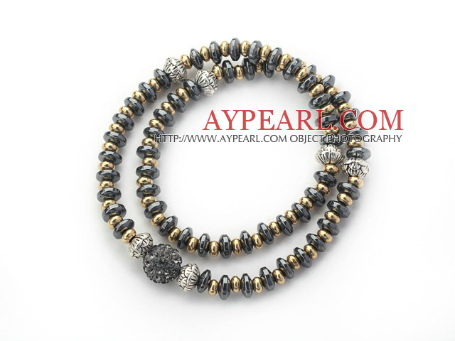 Doble Rader Svart Hematitt og Golden Color perler Stretch Bangle armbånd med svart Gray Rhinestone Ball