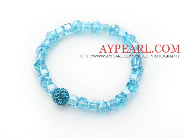 Simple Design Lake Blue Crystal Stretch Bangle Bracelet with Blue Rhinestone Ball