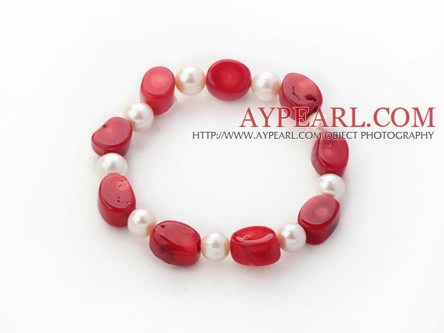 Single Strand Oval Shape Red Coral and Round White Freshwater Pearl Stretch Bangle Bracelet
