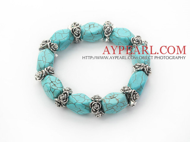 Irregular Shape Turquoise Stretch Bangle Bracelet with Tibet Silver Flower Accessories
