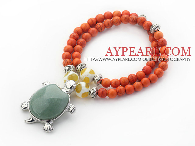 Orange Red Color Turquoise 2 Wrap Stretch Bangle Bracelet with Random Color Tortoise Shape Aventurine Accessory