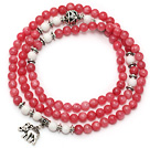 Rose Pink Color Candy Jade 4 Wrap Stretch Bangle Bracelet with White Porcelain Stone and Elephant Accessories