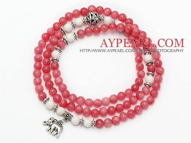 Rose Pink Color Candy Jade 4 Wrap Stretch Bangle Bracelet with White Porcelain Stone and Elephant Accessories