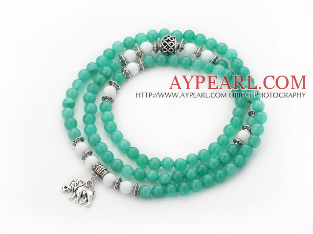 Lake Green Color Candy Jade 4 Wrap Stretch Bangle Bracelet with White Porcelain Stone and Elephant Accessories