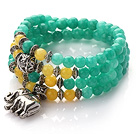 Green Color Candy Jade 4 Wrap Stretch Bangle Bracelet with Yellow Candy Jade and Elephant Accessories