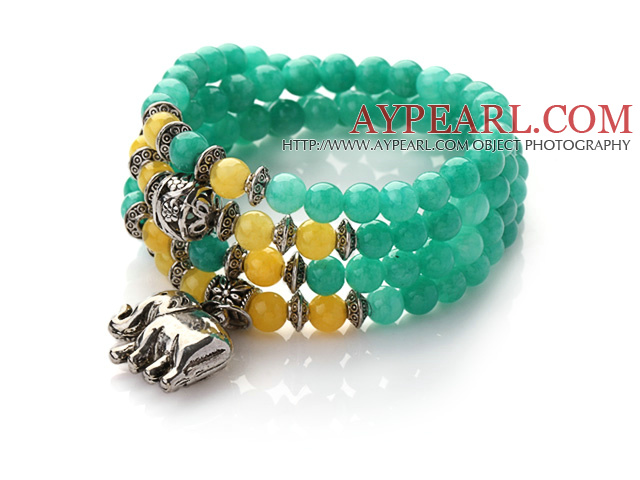 Green Color Candy Jade 4 Wrap Stretch Bangle Bracelet with Yellow Candy Jade and Elephant Accessories