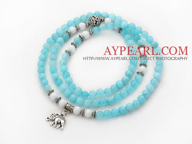 Light Blue Color Candy Jade 4 Wrap Stretch Bangle Bracelet with White Porcelain Stone and Elephant Accessories