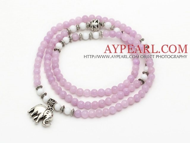 Ljus lila färg Candy Jade 4 Wrap Stretch ARMRING armband med vitt porslin sten och tillbehör Elephant