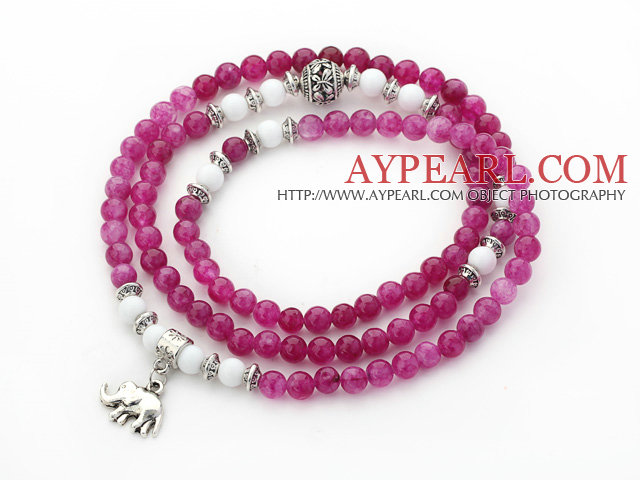 Purple Red Color Candy Jade 4 Wrap Stretch Bangle Bracelet with White Porcelain Stone and Elephant Accessories