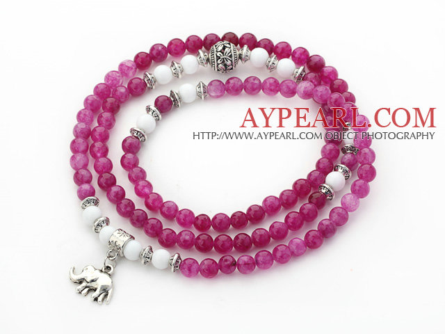 Purple Red Candy Color Jade 4 Wrap Stretch βραχιόλι βαρύ βραχιόλι με White Stone πορσελάνη και αξεσουάρ Elephant