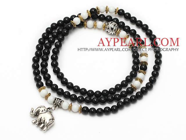 Black Color Candy Jade 4 Wrap Stretch Bangle Bracelet with White Porcelain Stone and Elephant Accessories