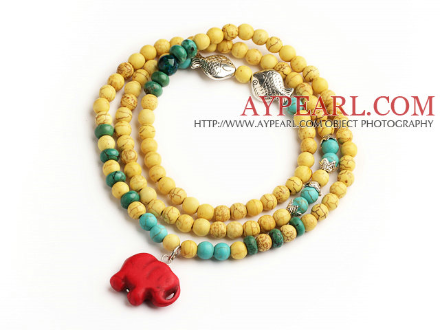 Yellow Color Turquoise 4 Wrap Stretch Bangle Bracelet with Green Turquoise and Elephant Accessories (The Elephant is Random)
