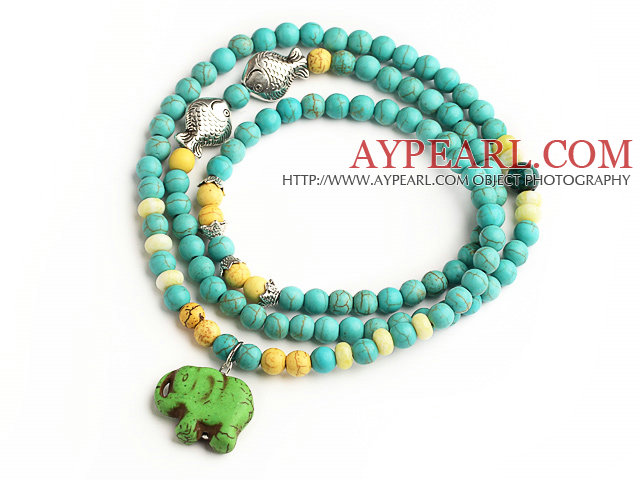 Blue Turquoise 4 Wrap Stretch Bangle Bracelet with Yellow Turquoise and Elephant Accessories (The Elephant is Random)