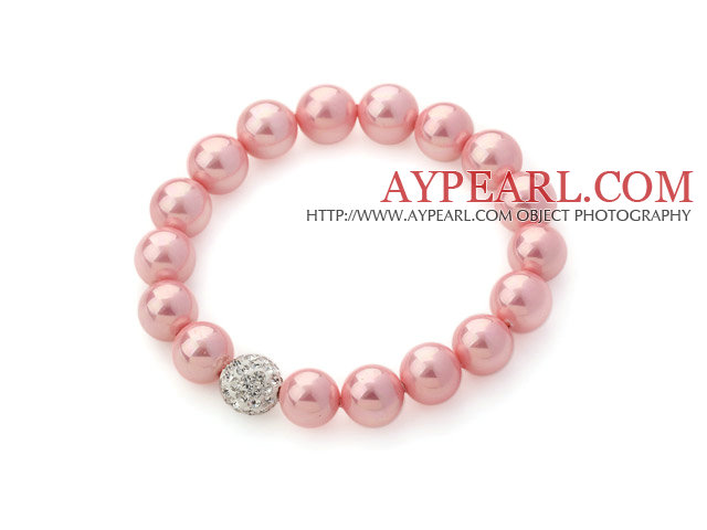 Classic Design rond rose 10mm Seashell perlé Bracelet extensible avec Blanc boule de Rhinestone