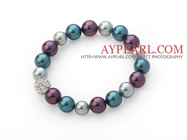 Classic Design Gray and Purple and Peacock Blue Color Round Seashell Beaded Stretch Bangle Bracelet with White Rhinestone Ball
