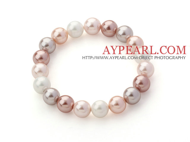 Classic Design White and Baby Pink and Violet Color 10mm Round Seashell Beaded Stretch Bangle Bracelet