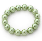 Classic Design Apple Green Color 12mm Round Seashell Beaded Stretch Bangle Bracelet with White Rhinestone Ball