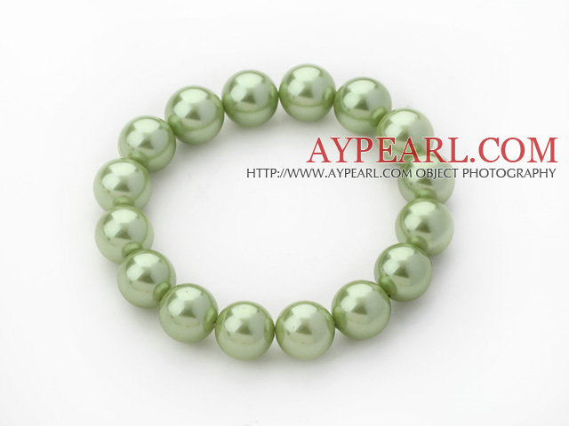 Classic Design Apple Green Color 12mm Round Seashell Beaded Stretch Bangle Bracelet with White Rhinestone Ball