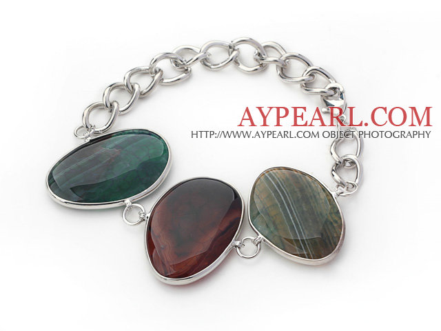 Fashion Style Green Color Metal Wrapped Brazil Atriped Agate Bracelet with Metal Chain