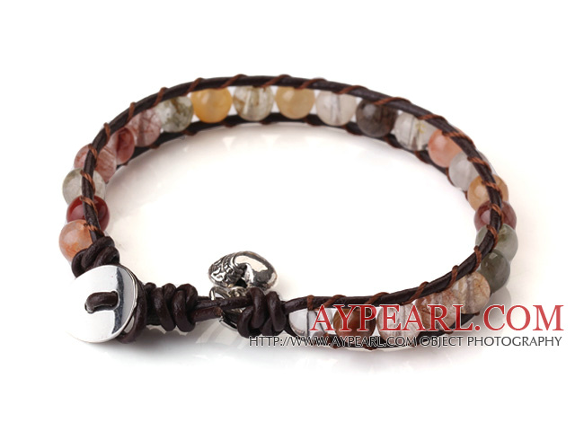 Popular Single Strand Rutilated Quartz Beads Brown Leather Bracelet with Hear Charm