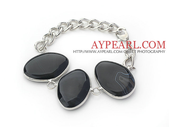 Fashion Style Black Color Metal Wrapped Brazil Atriped Agate Bracelet with Metal Chain