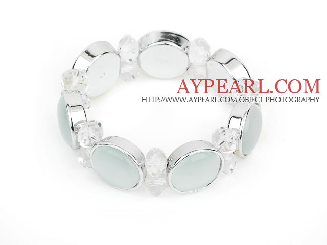 Fashion Style Gray with Light Green Color Cats Eye and Clear Crystal Stretch Bangle Bracelet