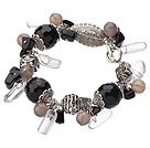 Vintage Style Black And Gray Agate Clear Crystal Tibet Silver Accessory Charm Bracelet With Toggle Clasp